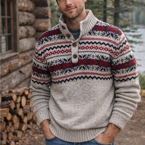 Izod Men's Crewneck Sweater with Fair Isle Nordic Design - Beige, Red, Black